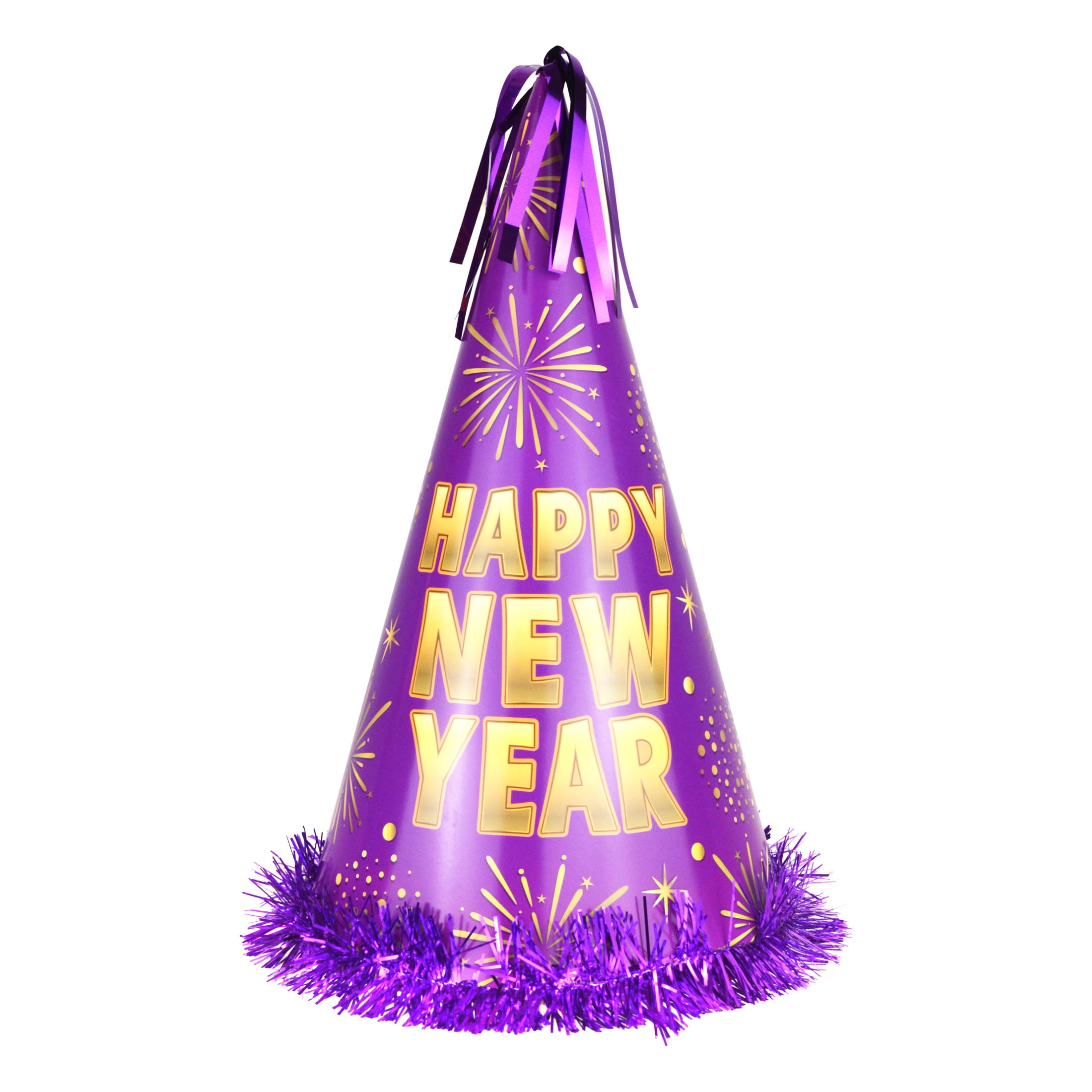 New Year Purple Cone Hat with Fringe and "Happy New Year" Words, 1 Piece, Festive Decorations, Brand Way to Celebrate Style, Adult