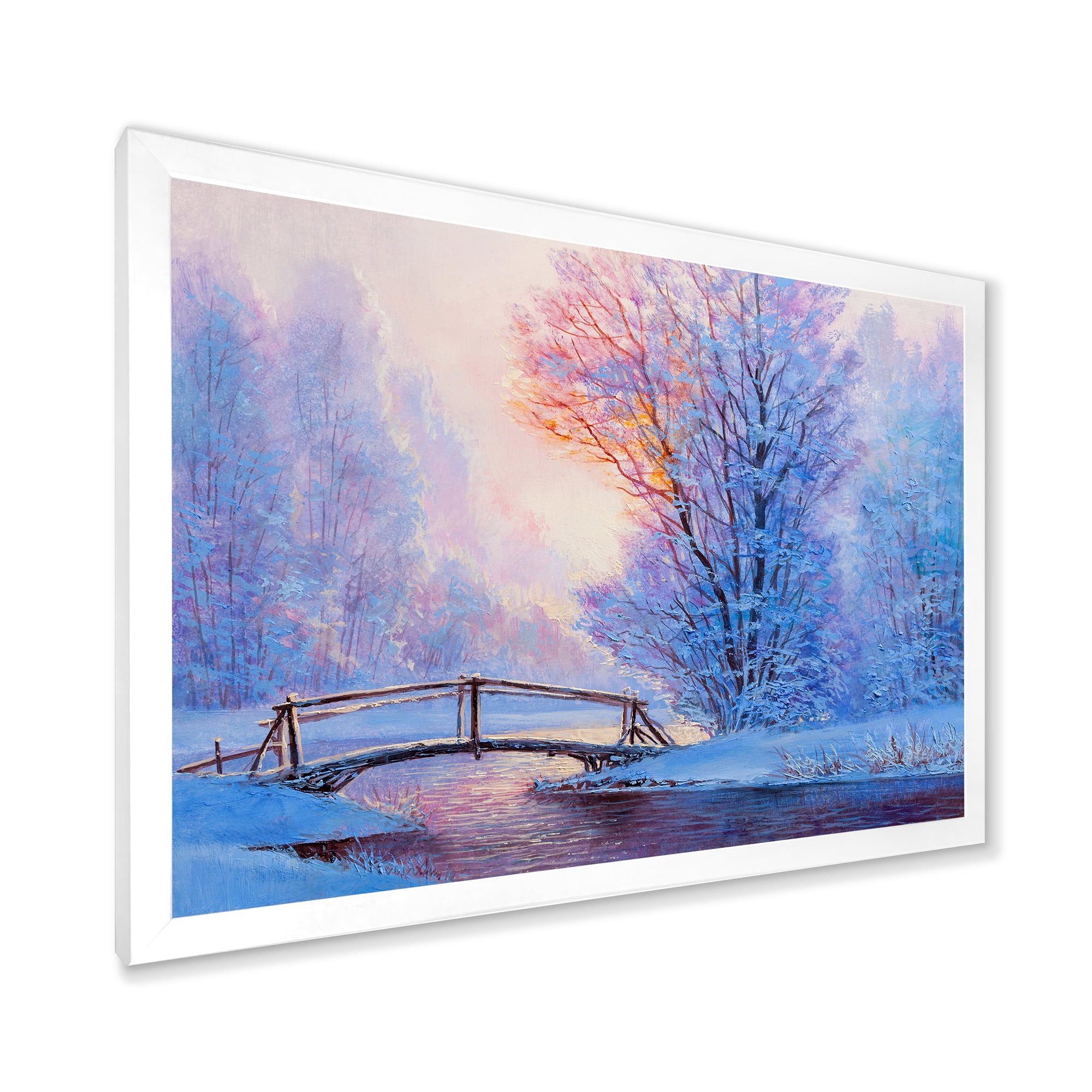 Designart 'Winter Landscape With A Bridge and A River' Lake House Framed Art Print