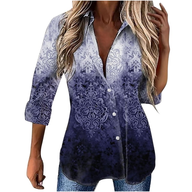 Women Classique Été Gradient Print Long Sleeve en Vrac Chemise Blouses Tops