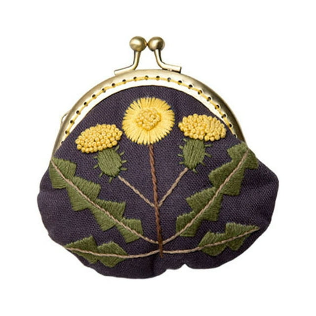 1 Set Handmade Embroidery Starter Kit Kiss Clasp Lock Coin Purse Clutch Bag DIY Embroidery Tools Kit with Wool Needle Accessories Kit for Women Girls (Yellow Flower Style)