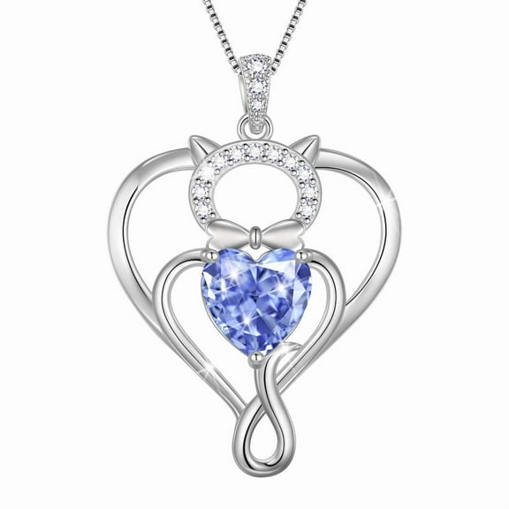 Beautlace 925 Sterling Silver Heart December Tanzanite Birthstone Necklace,Cat Pendant Necklace Cute Animal Jewelry Birthday Christmas Valentines Gifts for Women