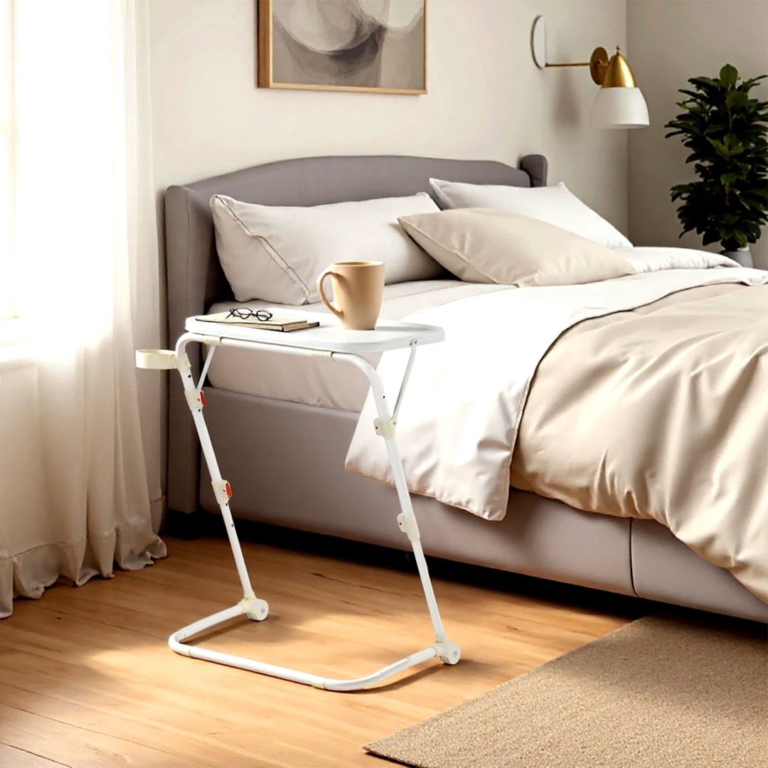 Gewnee Folding Table Trays,with 4 Height & 3 Tilt Angle,TV Tray Table with Cup Holder,Dinner Tray for Eating on Couch,Laptop & Bed.White