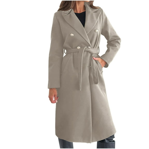 Mingw Womens Wool Coat Double Breasted Pea Coat Windproof Winter Trench Clothes Princess Coat with Belt ,2XL,Beige