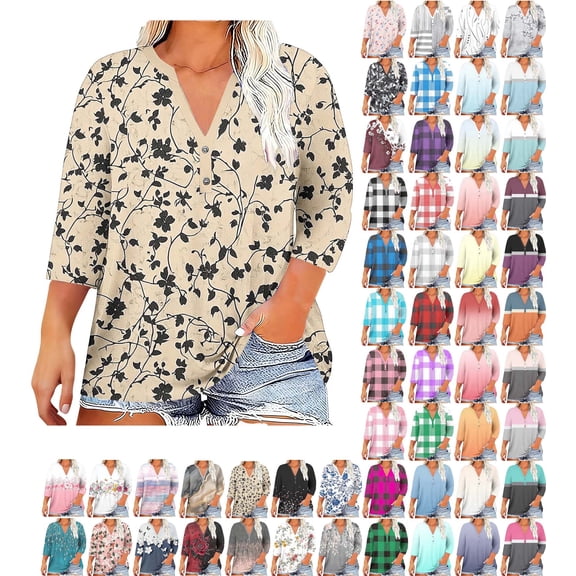 Danhjin Plus Size Tops for Women 3/4 Sleeve Print V Neck Pullover Shirts Graphic Lightweight Casual Comfy Loose Fashion Going out Blouses