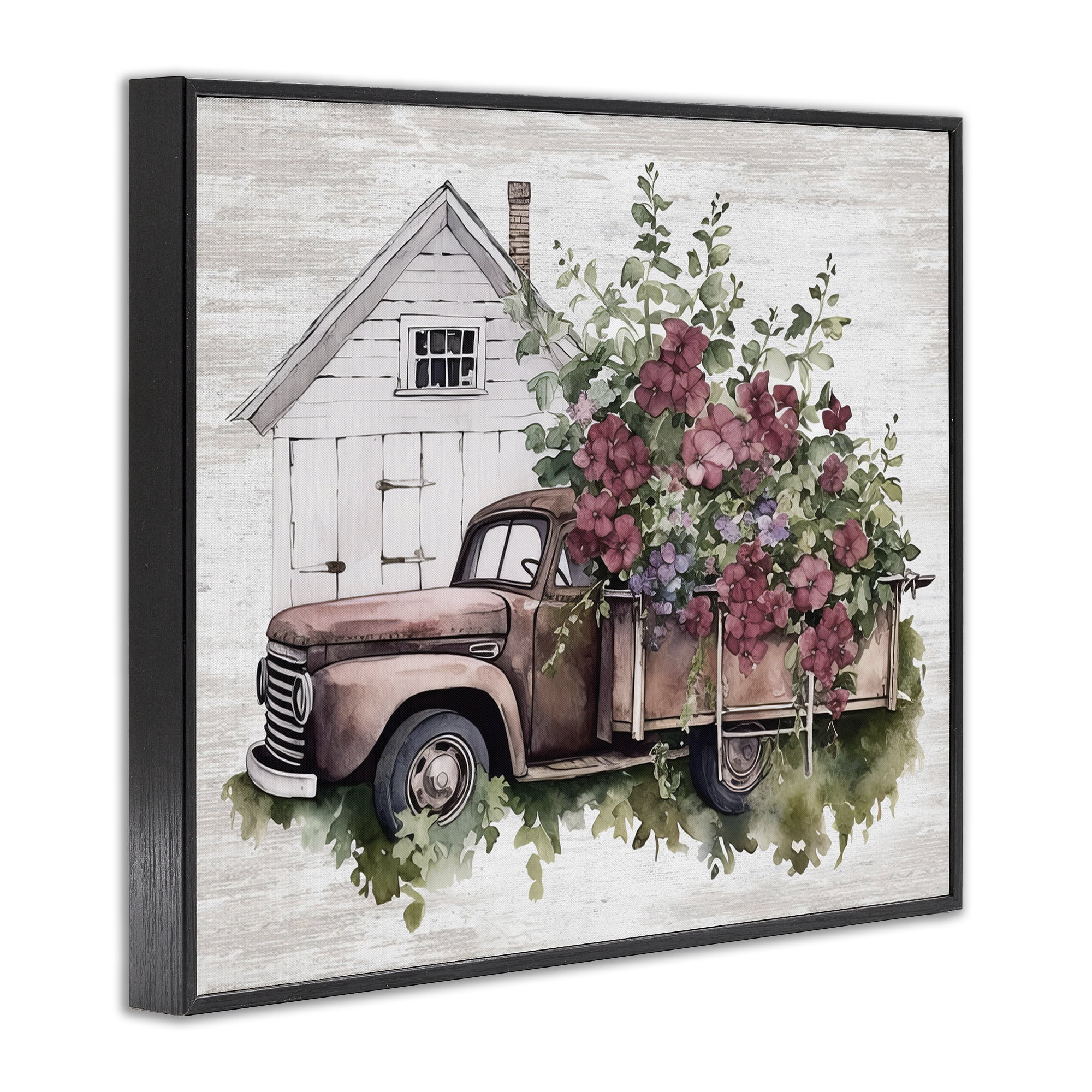 Stupell Industries Burgundy Flowers Truck Transportation Painting Black Framed Art Print Wall Art, 14 x 11