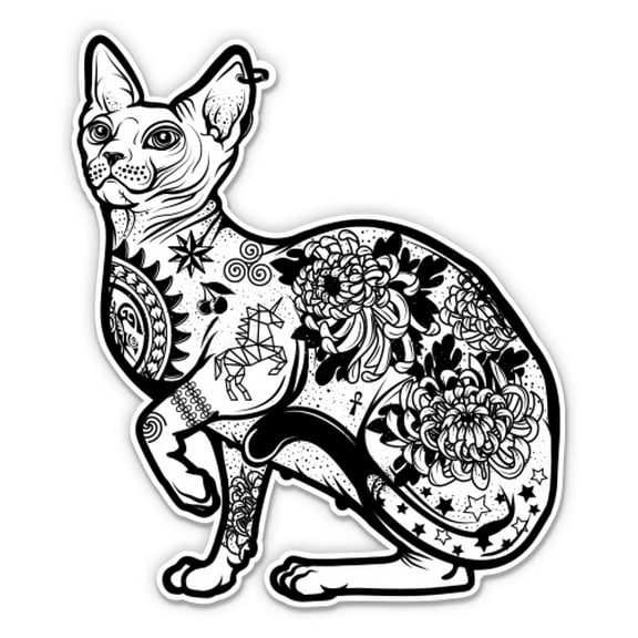 Sphynx Cat Hipster Style Tattoo - 3" Vinyl Sticker - For Car Laptop Water Bottle Phone - Waterproof Decal