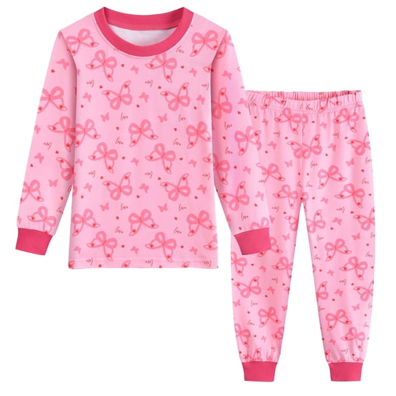 DDSOL Toddler Girls Pajamas Long Sleeves Bow Print Sleepwear 2-Piece Pink 4T