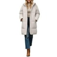 thumbnail image 4 of Women Long Puffer Jacket with Hood Pockets Heavyweight Full-zip Winter Coat Mid Length Loose Warm Thick Overcoat (M, Beige), 4 of 7