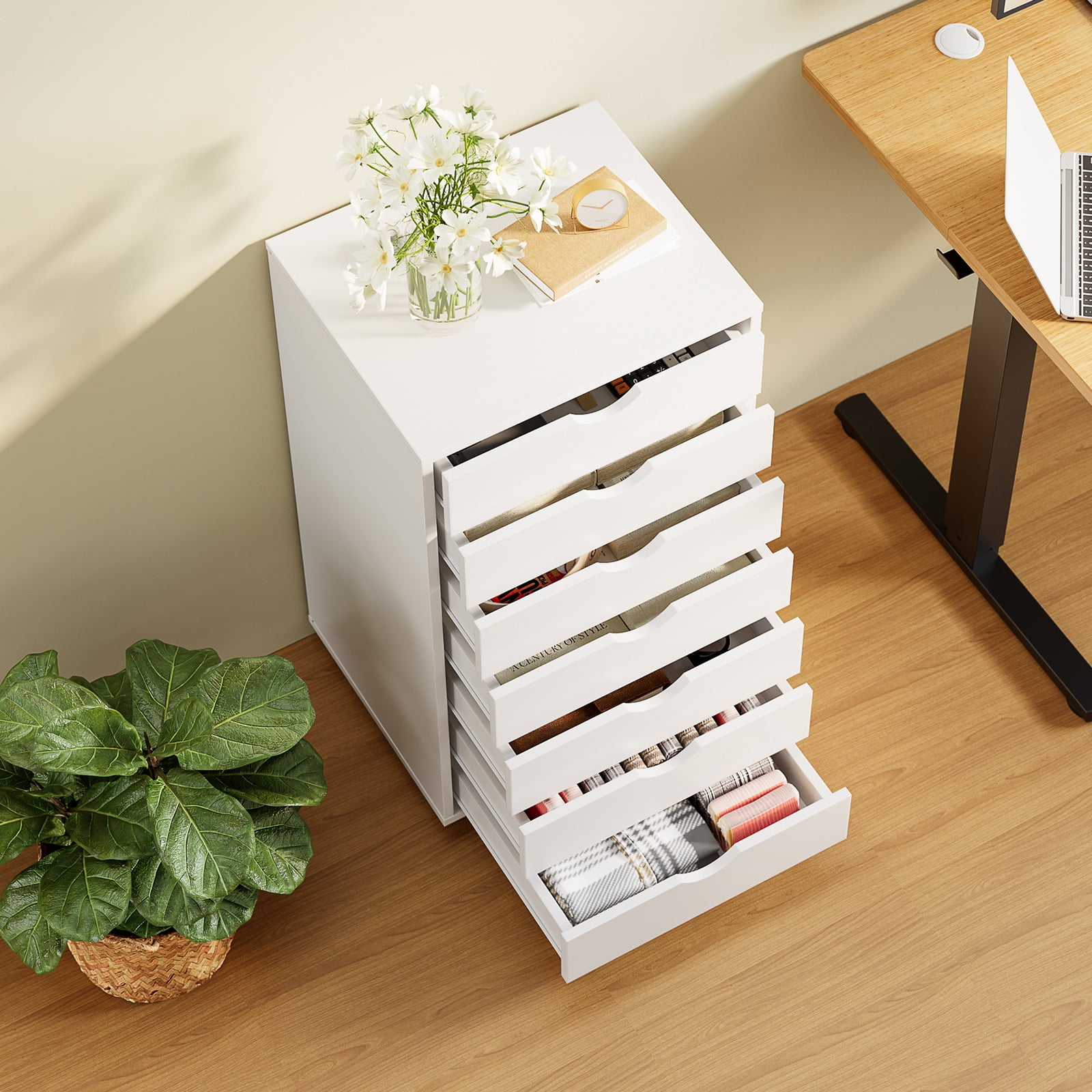 EDX 7 Drawer Chest File Cabinet, Mobile Storage Organizer Wood Dresser Printer Stand for Home Office, White