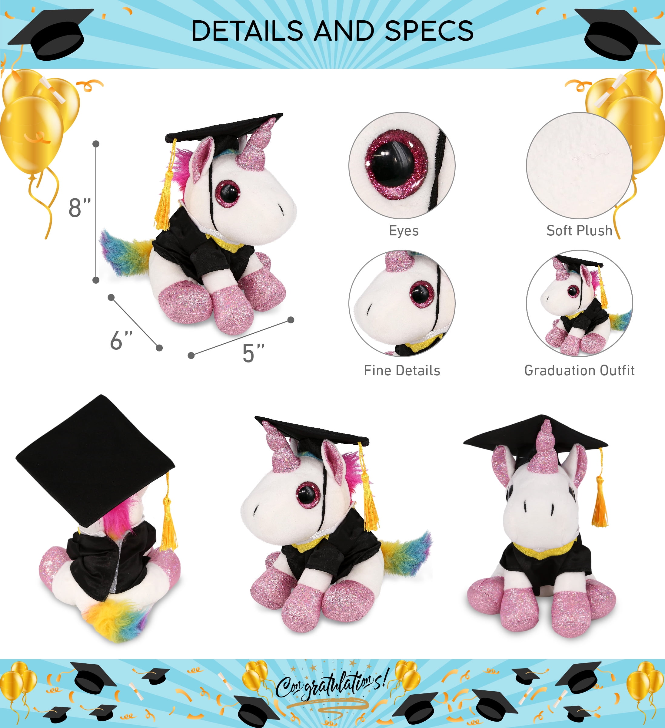 DolliBu Sparkle Eyes White Unicorn Graduation Plush Toy - Super Soft Graduation Stuffed Animal Dress Up Gown and Cap with Tassel - Cute Congratulatory Graduation Gift - 8 Inches