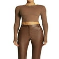thumbnail image 1 of Femmes Manches Longues Crop Tops Col Rond Slim Fit Tops Exposés Bas de Nombril Chemises, 1 of 7