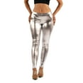 thumbnail image 2 of OFENTI Metallic Shiny Leggings - Mid Waist Faux Leather Footless Tights Pants Wet Look Skinny Glamour Silver Large, 2 of 6