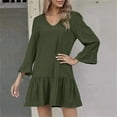 thumbnail image 4 of Womens Denim Dress Ruffle Smocked Strapless Dress Bohemian Round Neck Long Sleeve Loose High Split Tie Wrap Crochet Dress Length Dress Green 2XL, 4 of 5