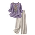 thumbnail image 4 of Women's Linen Two Piece Outfits, Embroidered Shirt Wide Leg Pants With Pockets Casual Summer Vacation Outfit Loose Comfortable Design, 4 of 6