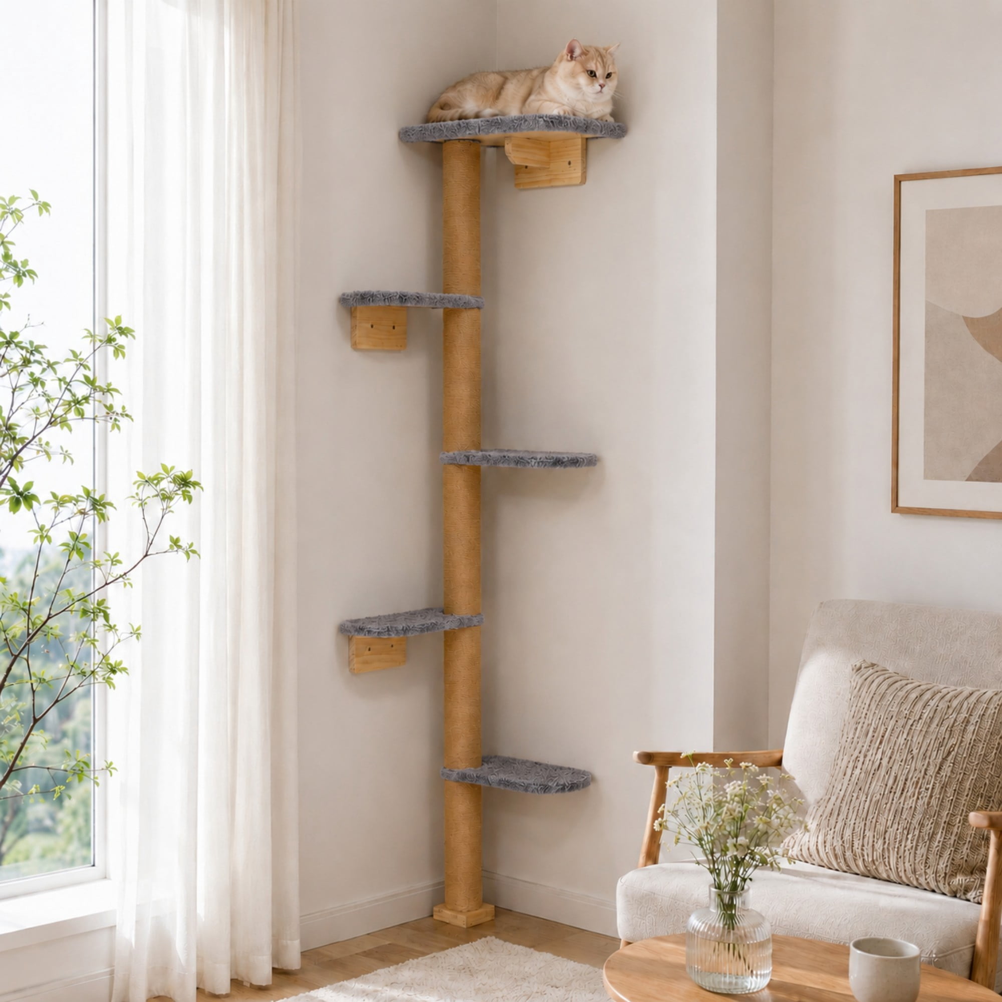 Peluomoz Gray Adjustable Floor to Ceiling Cat Tree with Plush Pads, 83 in