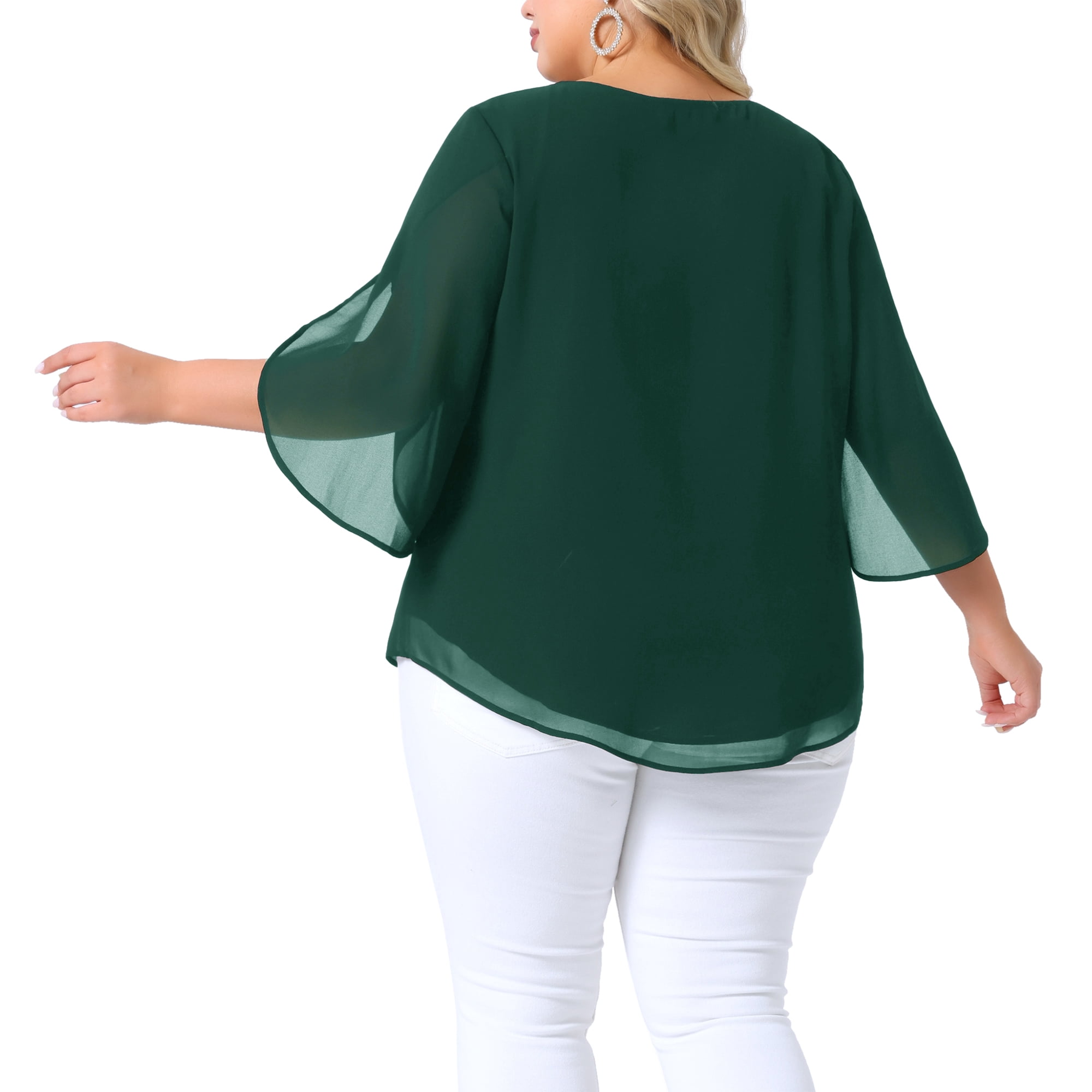 DARING DIVA Women's Plus Blouses with Flutter Petal Half Sleeve Chiffon Top 1X Dark Green