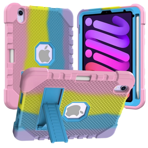 TECH CIRCLE Shockproof Case for iPad Mini 8.3" (A17 Pro) and iPad Mini 6 8.3" (6th Gen), 3-Layer Rugged Case with Kickstand, Pencil Holder, Drop Protection, Impact Resistant (B Rainbow Green)