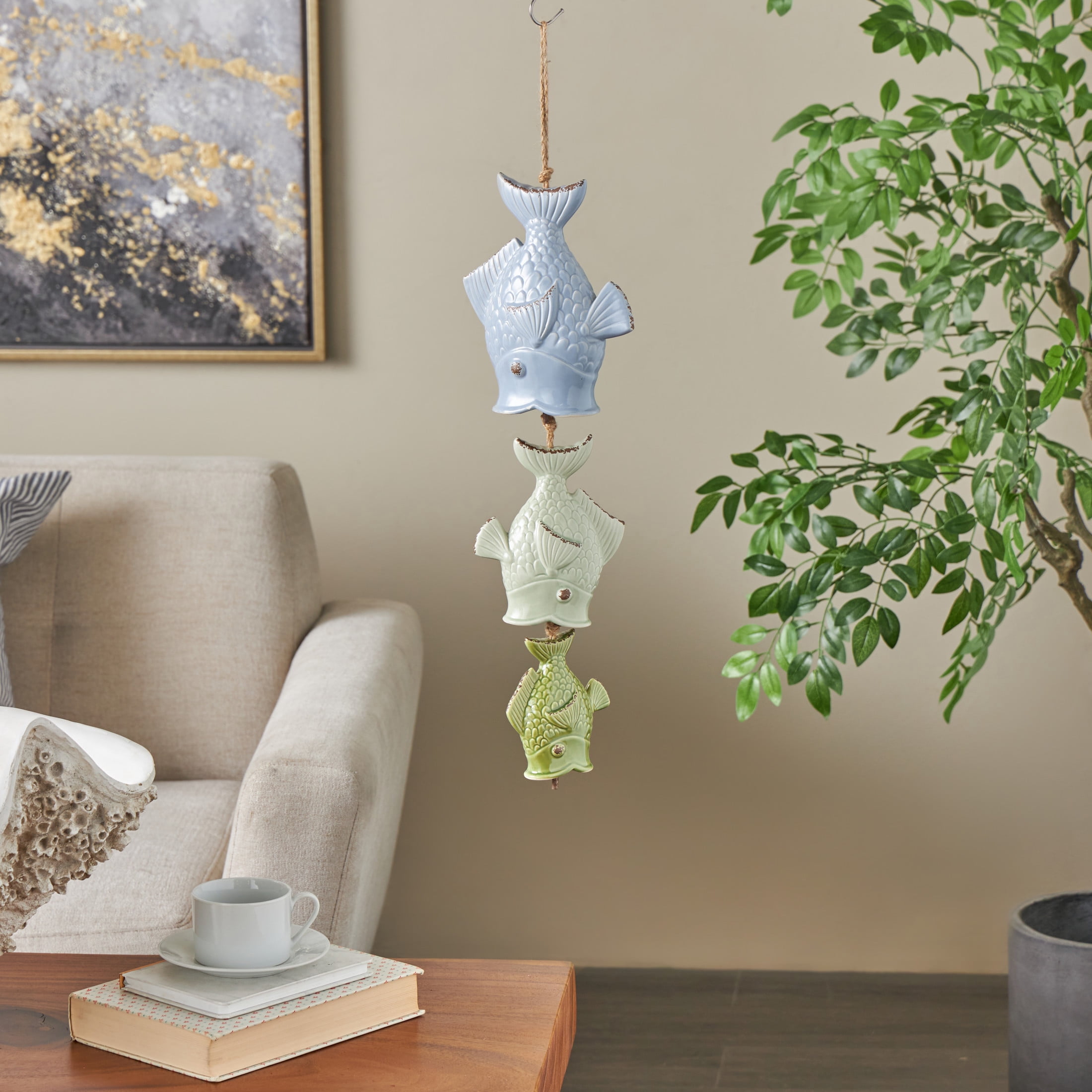 DecMode 27" Multi Colored Ceramic Fish Windchime with Brown Rope