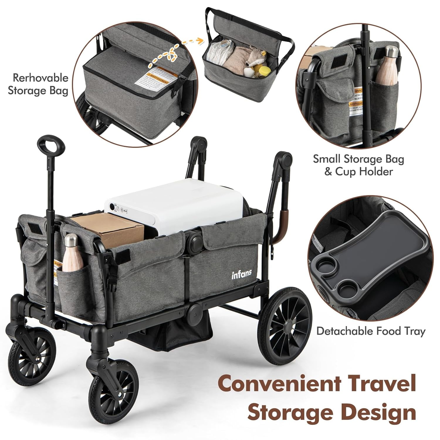 INFANS Wagon Stroller for 2 Kids, Collapsible Adjustable Push Pull Handle Bar, 2 Seater Stroller Wagon with Removable Canopy Snack Tray, Comfortable Drop-Down footwell and Upholstered Seats