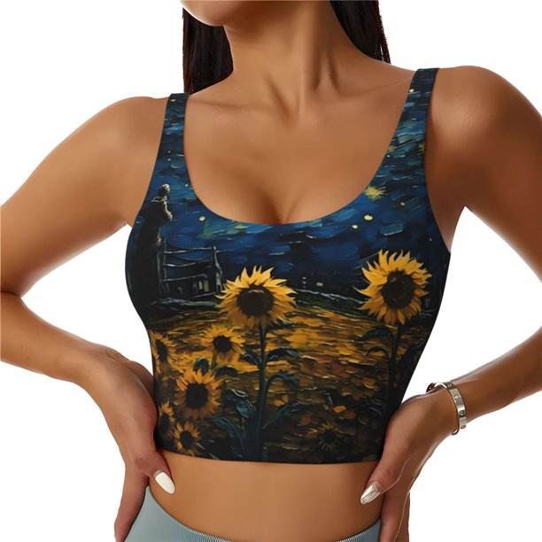 Balery Oil Starry Sky Sunflower Sujetadores deportivos con espalda cruzada para mujer, acolchados, sin costuras, de alto impacto, ideales para yoga, gimnasio, entrenamiento y fitness.-Medium
