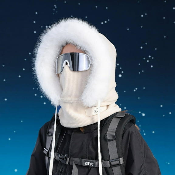 Generic Ladies' Winter Ear Flap Beanie With Face Cover Hood Ski Over Windproof Plush Hood Fuzzy Ski Winter Adjustable Women Men Men And Women Ribbed Knit Hat