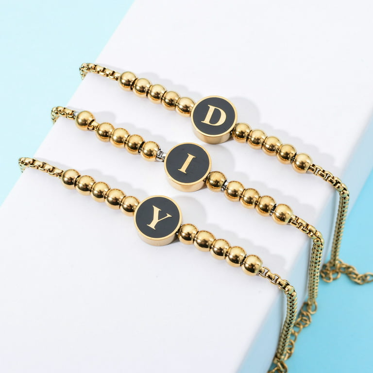 Gold Initial Bracelets for Women Girls, Dainty 14K Gold Filled Layered Beaded Letter Initial Bracelet Personalized 26 Alphabet Disc Monogram Charm