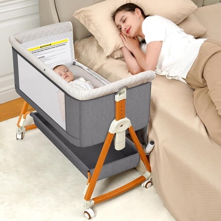 3 in 1 Baby Bassinet Sleeper, 6-Section Height Adjustable Crib, Foldable Portable Crib Side Sleeper- Light Gray