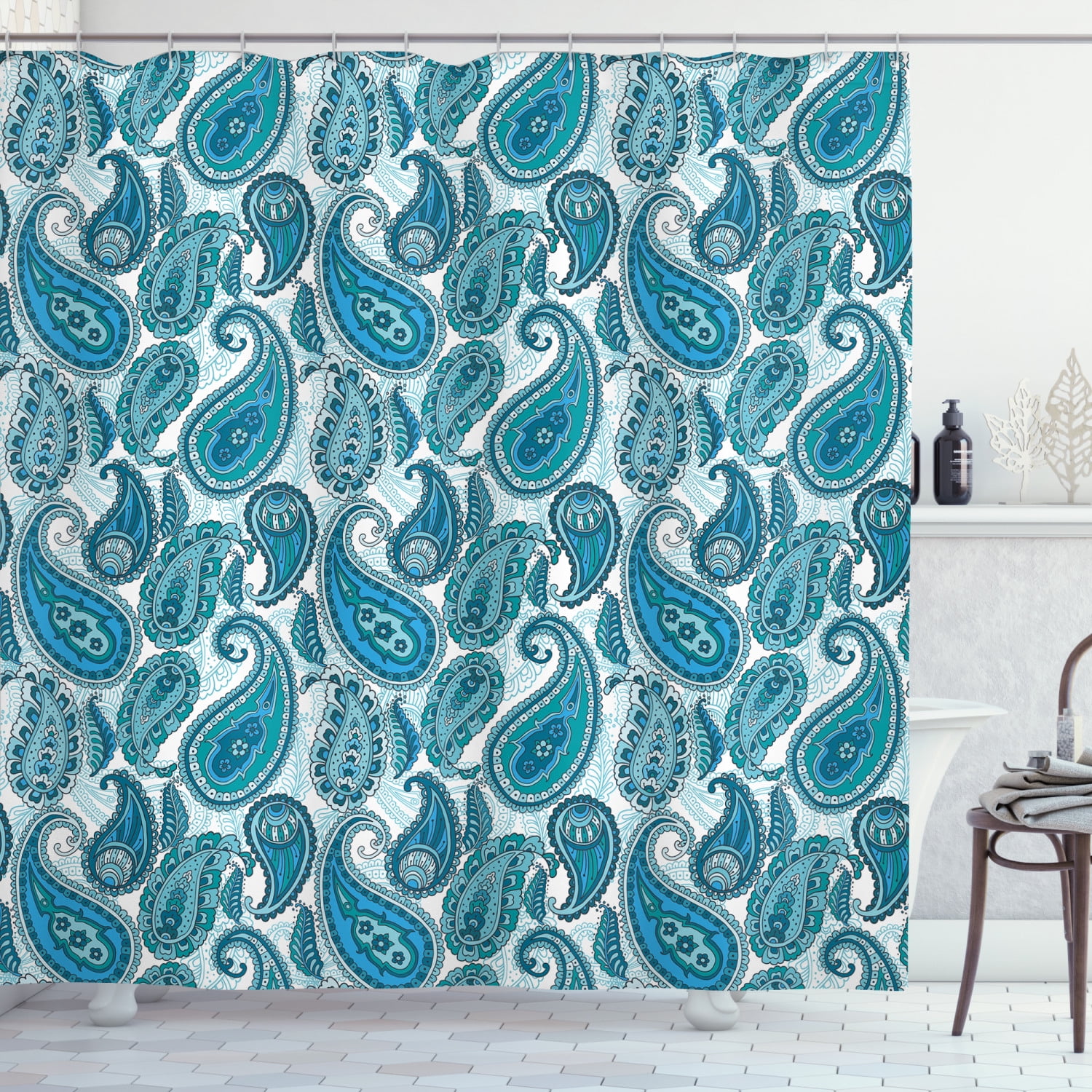Paisley Decor Shower Curtain, Ocean Inspired Design with Stripes and Flowers Abstract Background