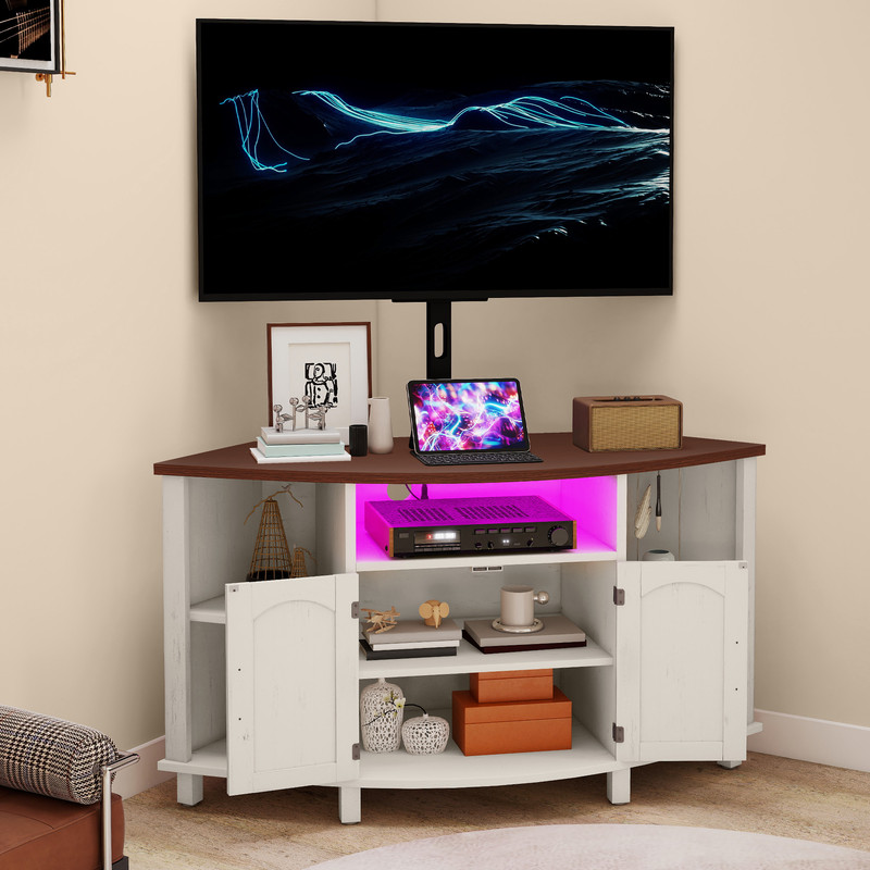Uforic Corner TV Stand with Mount for 32-70 Inch TVs, LED Entertainment Center TV Table with Power Outlets