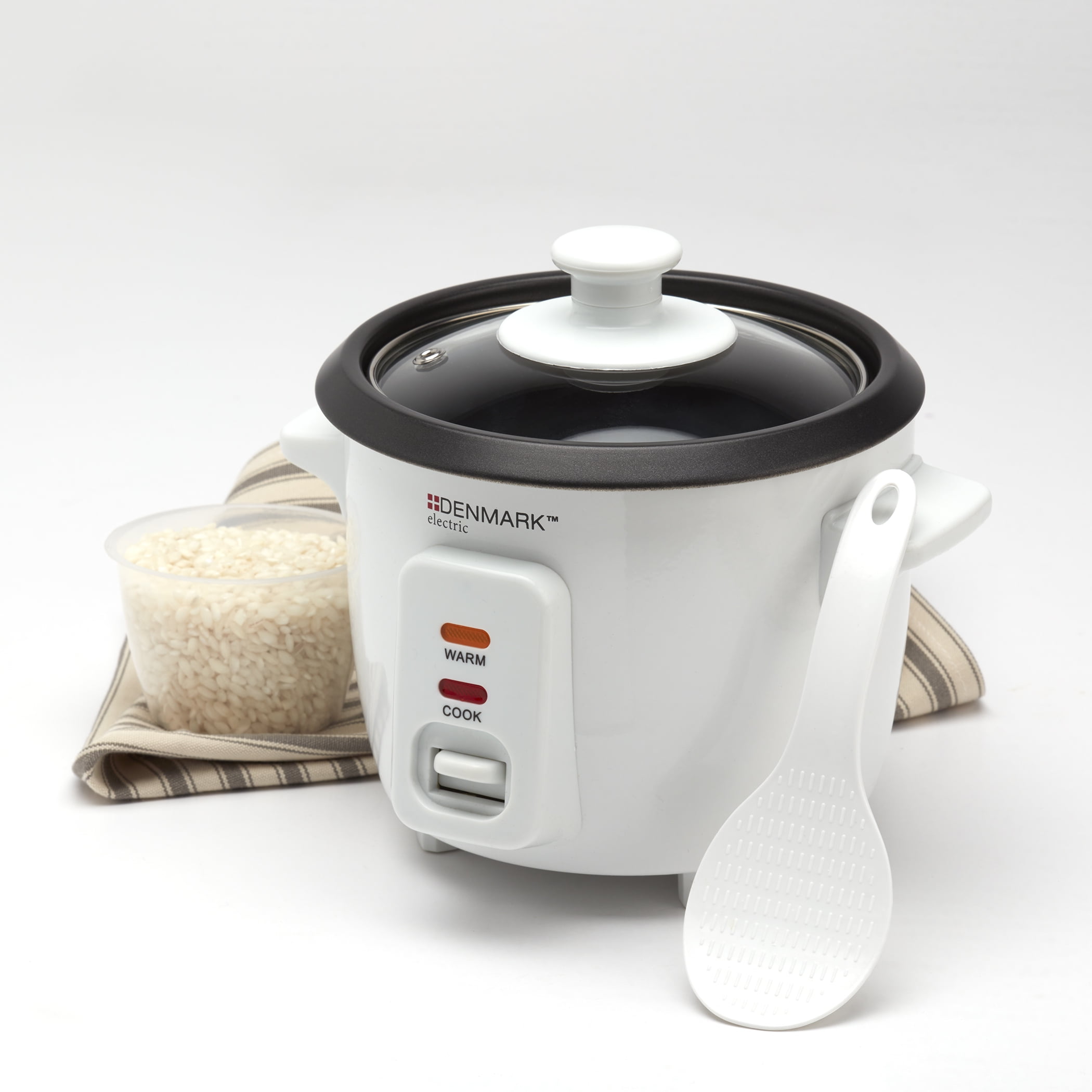 Denmark Electric 4 Cup Rice Cooker with Glass Lid, Rice Paddle, Measuring Cup, and Nonstick Removable Inner Pot, White
