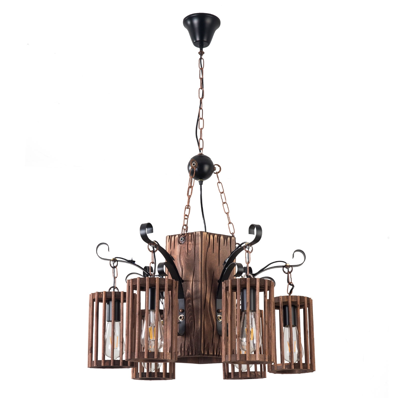 Rustic Wood Lantern Chandelier, 6-Light Farmhouse Pendant Light Height Adjustable Hanging Ceiling Light Fixture with Glass Lampshade