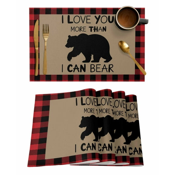 Black Bear Placemats Set of 6 I Love You Red Black Plaid Winter Christmas Heat Insulation Washable Place Mats, Rustic Non-Slip Table Mats for Dining Table Party Kitchen Decor,13x19 Inch