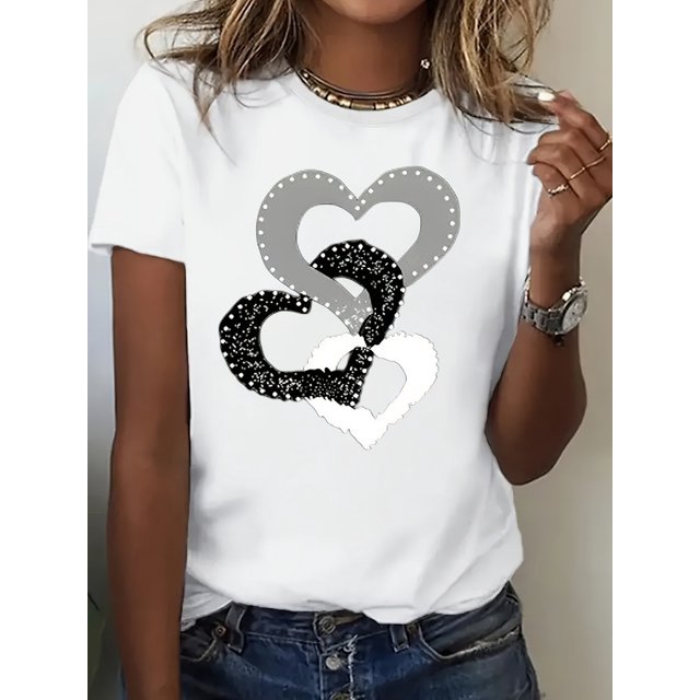Stylish Regular Size Women'S Round Neck Short Sleeve T - Shirt with Breathable Fabric and Interlocked Heart Creative Pattern for Casual Wear