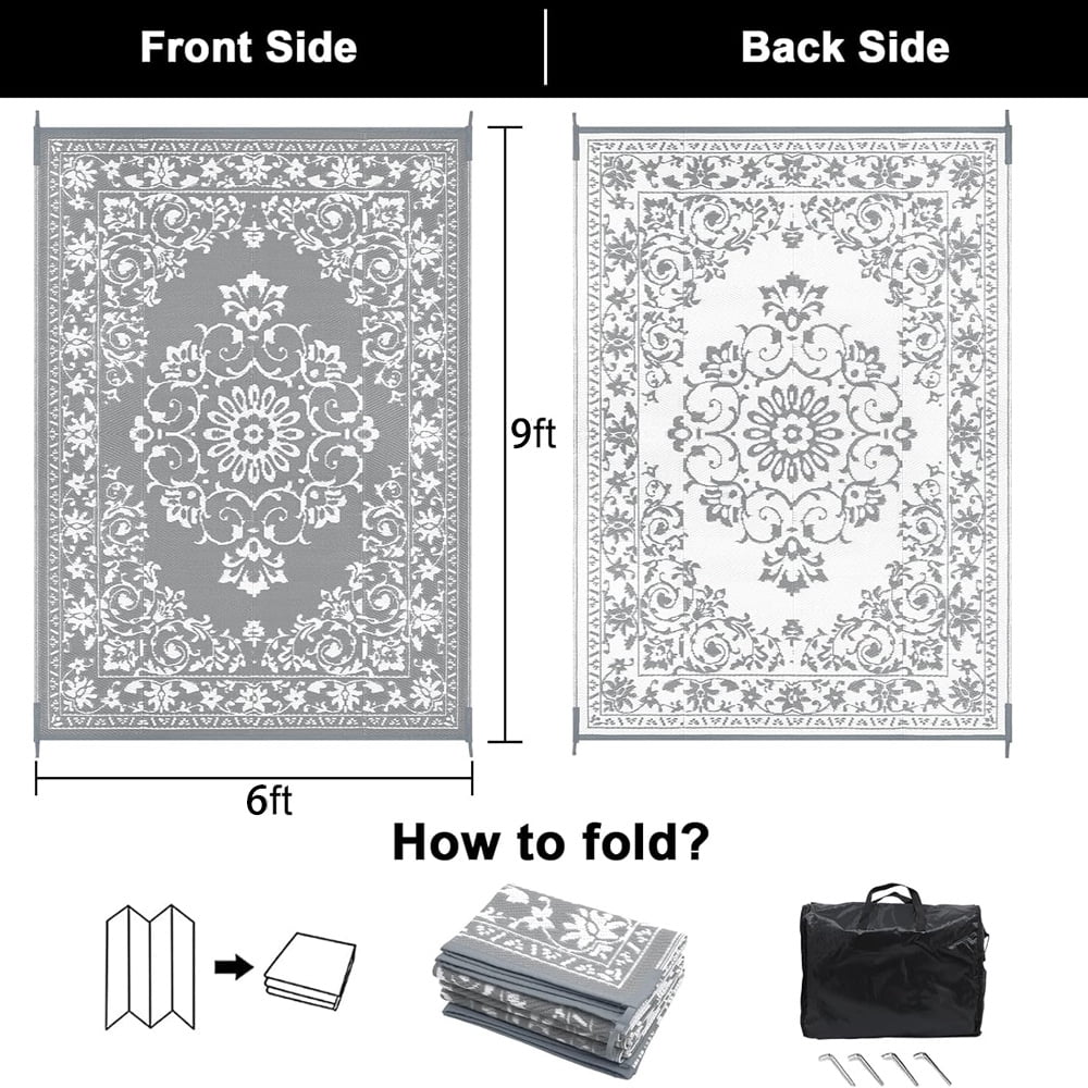 Findosom 6'x9' Boho Mandala Outdoor Rug Patio Rug Large Reversible Plastic Straw Rug RV Outdoor Mat Waterproof Foldable Portable Camping Mat for RV, Patio, Backyard, Deck, Picnic, Beach Gray
