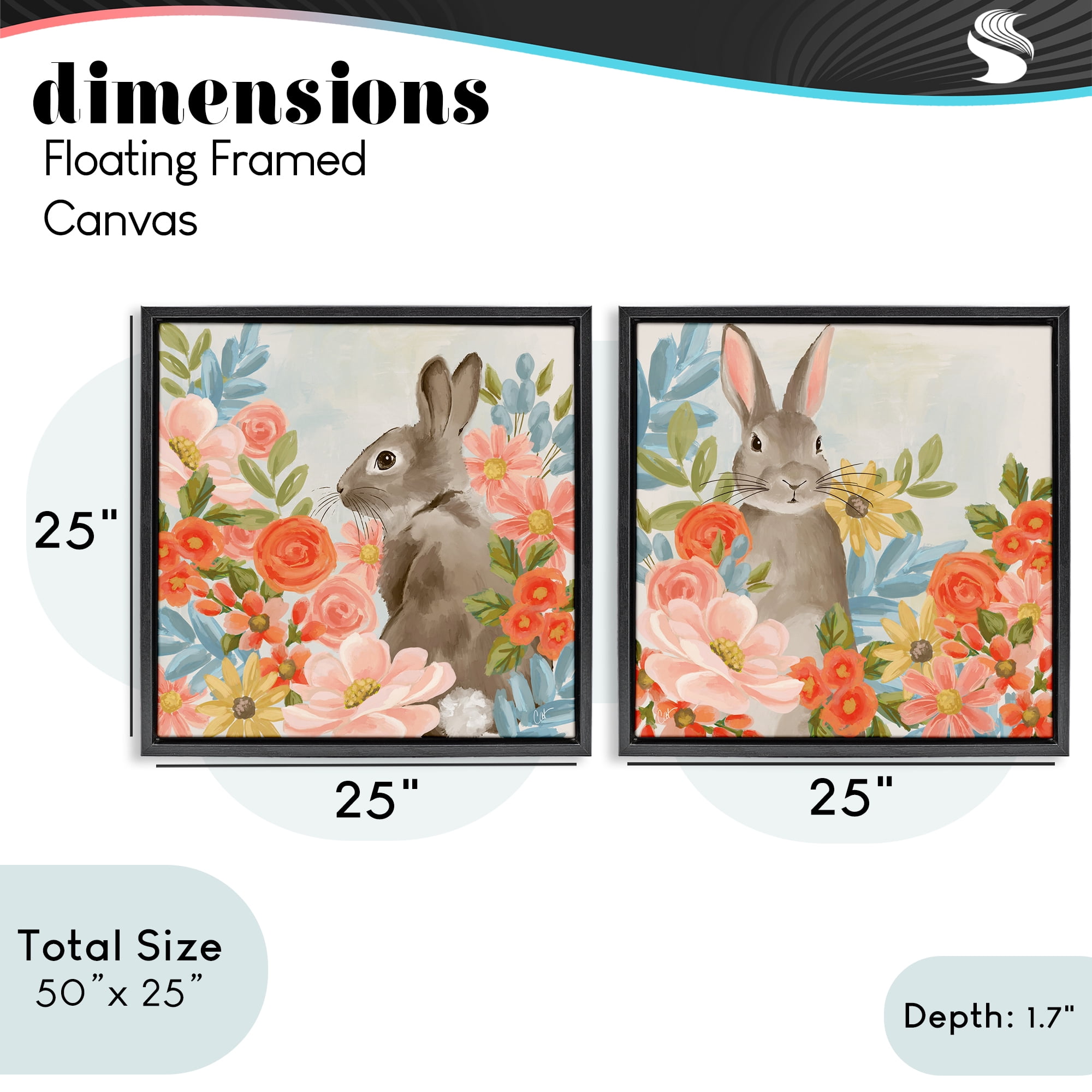 Stupell Industries Bright Bunny Blooms 2 Piece Black Framed Floater Canvas Set, design by Cat Thurman Designs