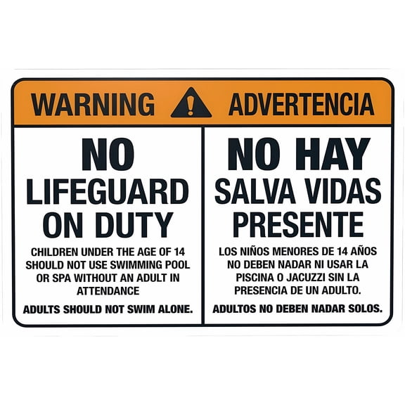 No Lifeguard On Duty Bilingual Spanish English Sign - 12×8 Inches, Pool Security Metal, Home Business Outdoor Indoor Garage Street Wall Decor