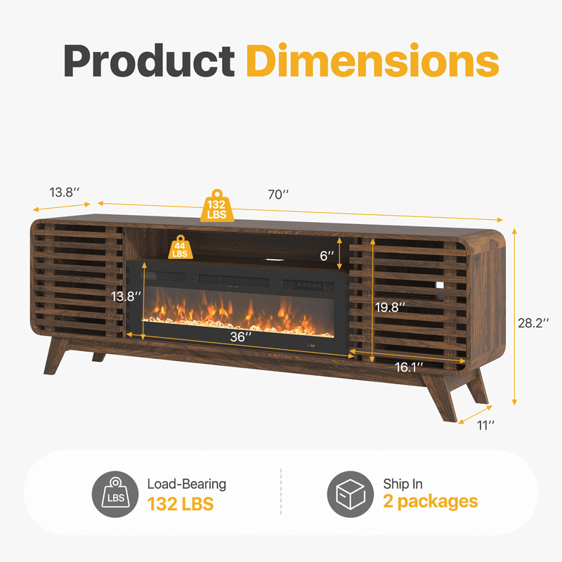 BaPiPro Mid‑Century Modern Fireplace TV Stand with 36 Inch Electric Fireplace 12‑Color RGB LED Lights Fits TVs up to 80 Inch Wood Media Console with Slatted Sliding Doors for Living Room Brown