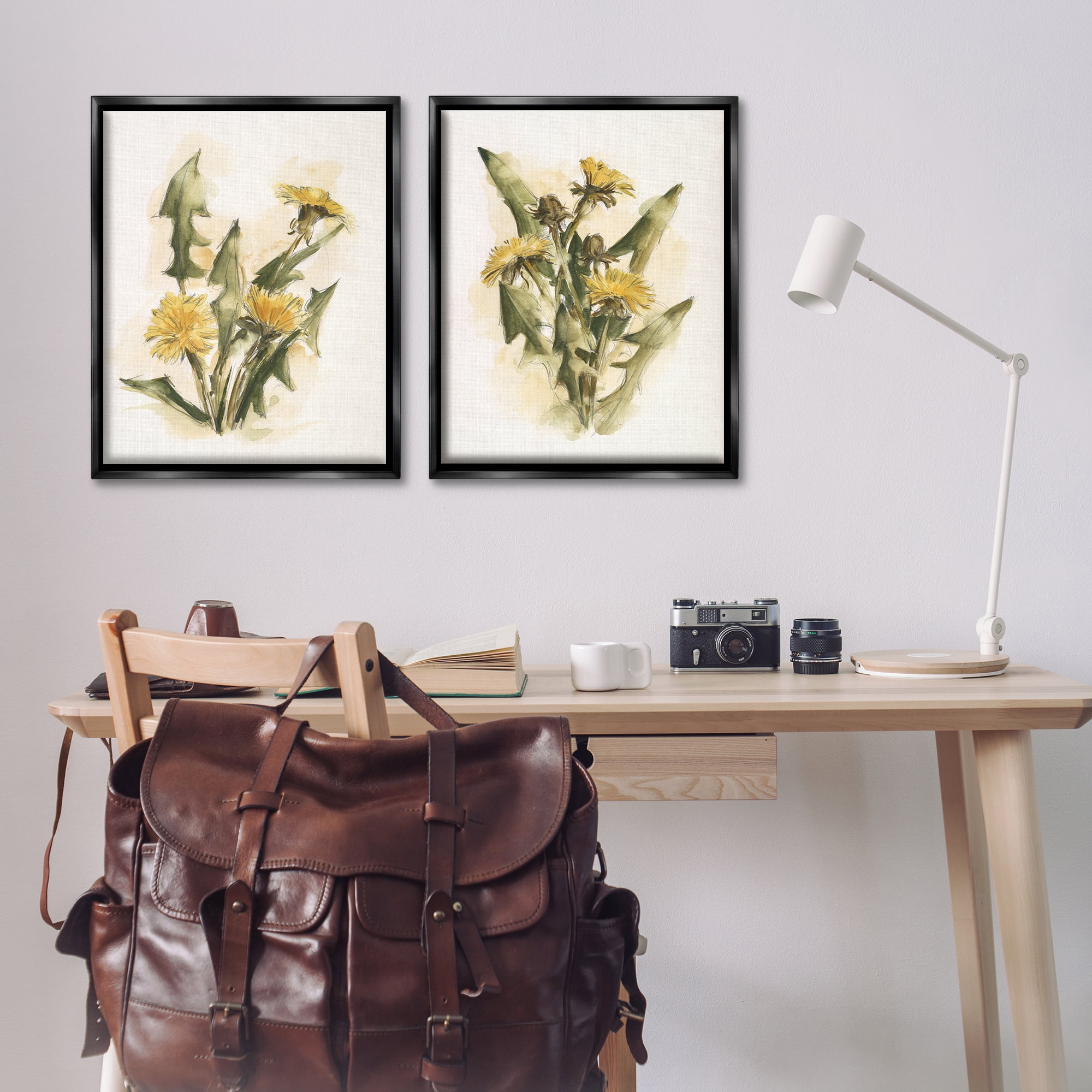 Stupell Industries Dandelion Watercolor Sketch Plants & Flowers Painting Black Floater Framed Canvas Art Print Wall Art, 31 x 25, Set of 2