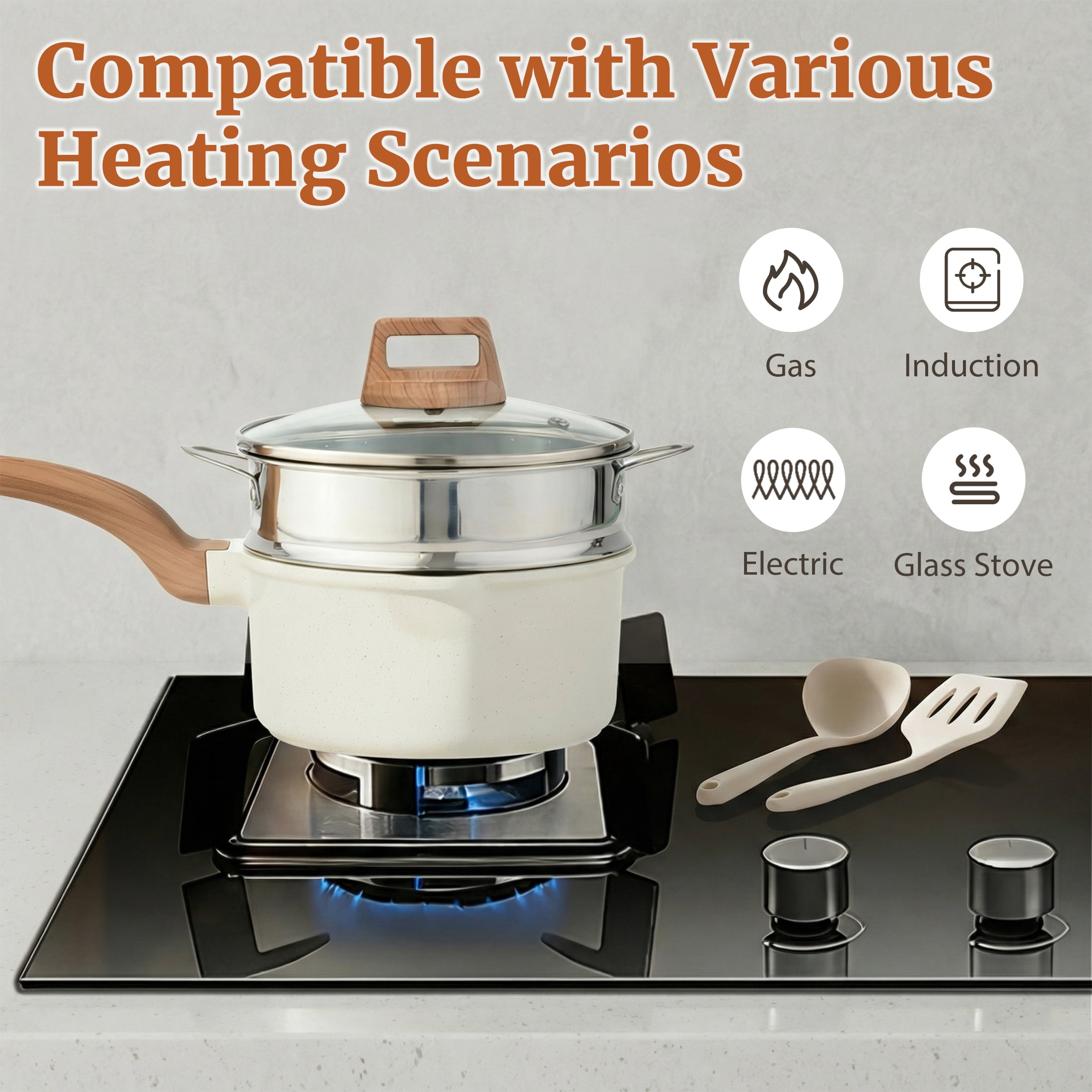 EDX 25-Piece Non-Stick Ceramic Granite Cookware Set with Stay-Cool Handles, Induction Compatible Pots and Pans Set for Healthy Cooking,Beige