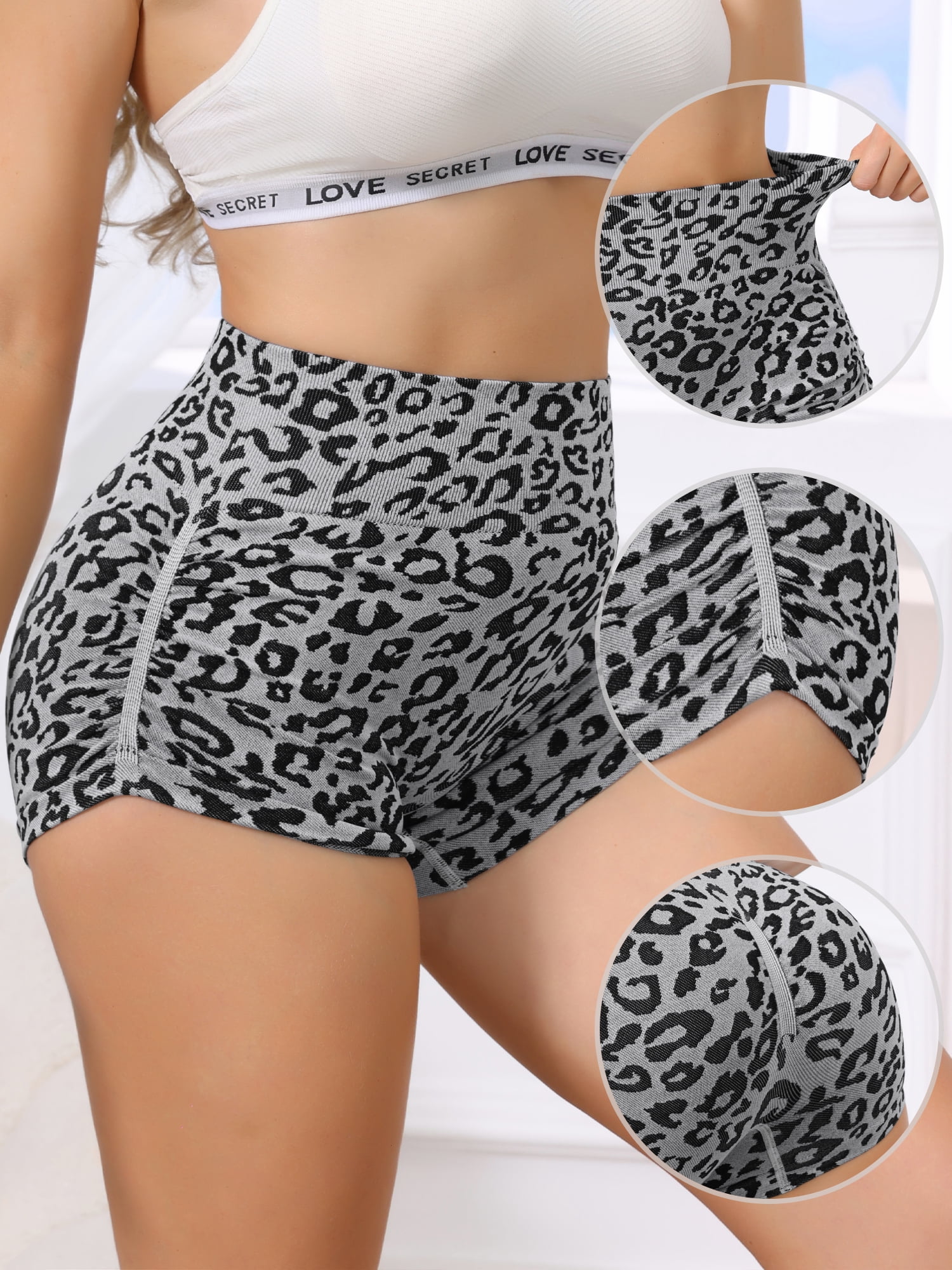 DARING DIVA Women's High Waisted Leopard Boxer Briefs Shapewear L Dark Grey