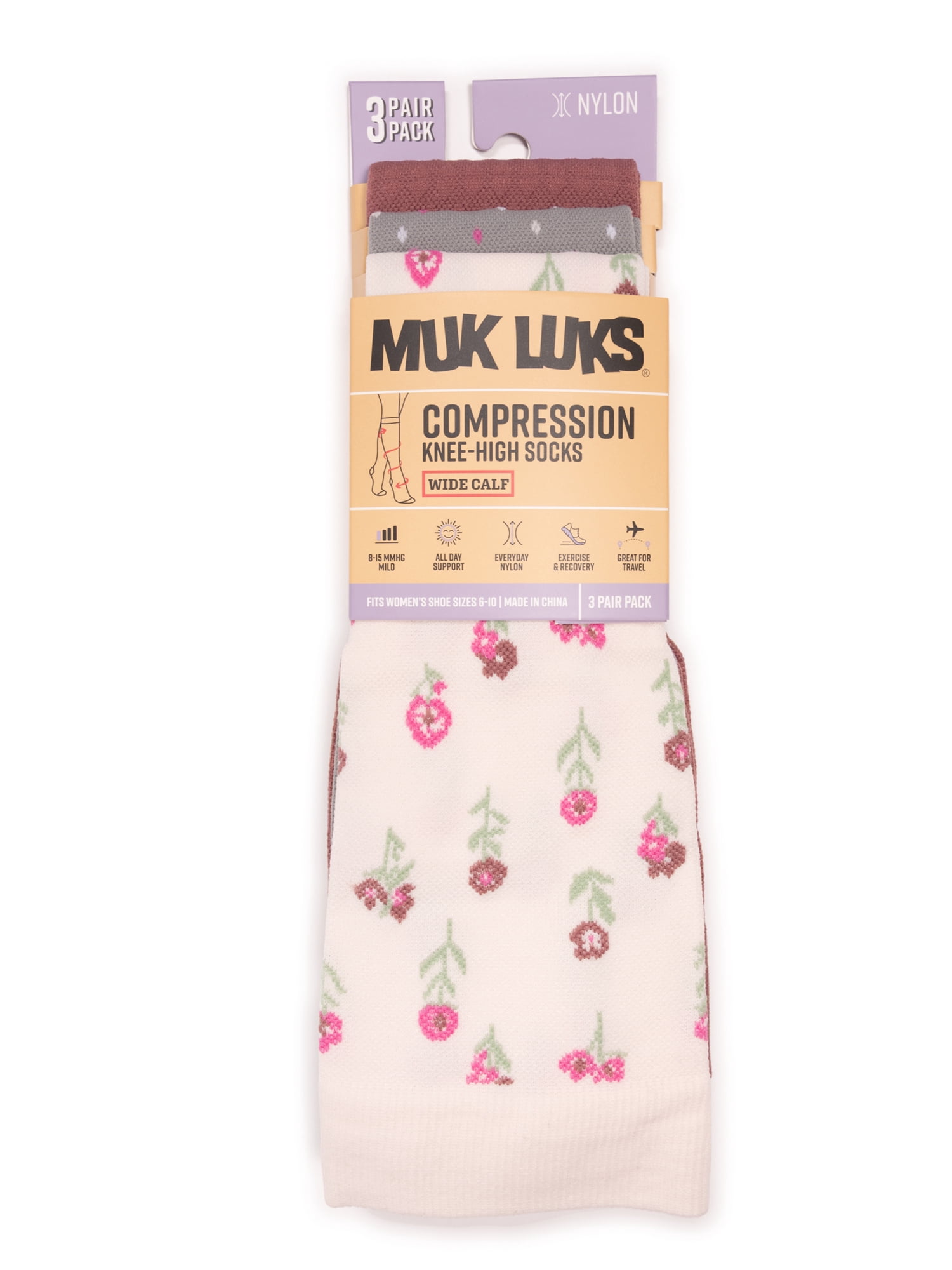 MUK LUKS Women's Wide Width Compression Nylon Knee-High Socks, 3-Pack, Shoe Size 6-10