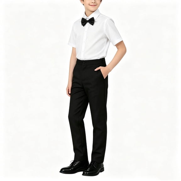 LEKWK Boys Formal Suit Set 3 Piece Kids Short Sleeve White Shirt with Bow Tie and Black Dress Pants Toddler Tuxedo Outfit for Graduation Wedding Performance