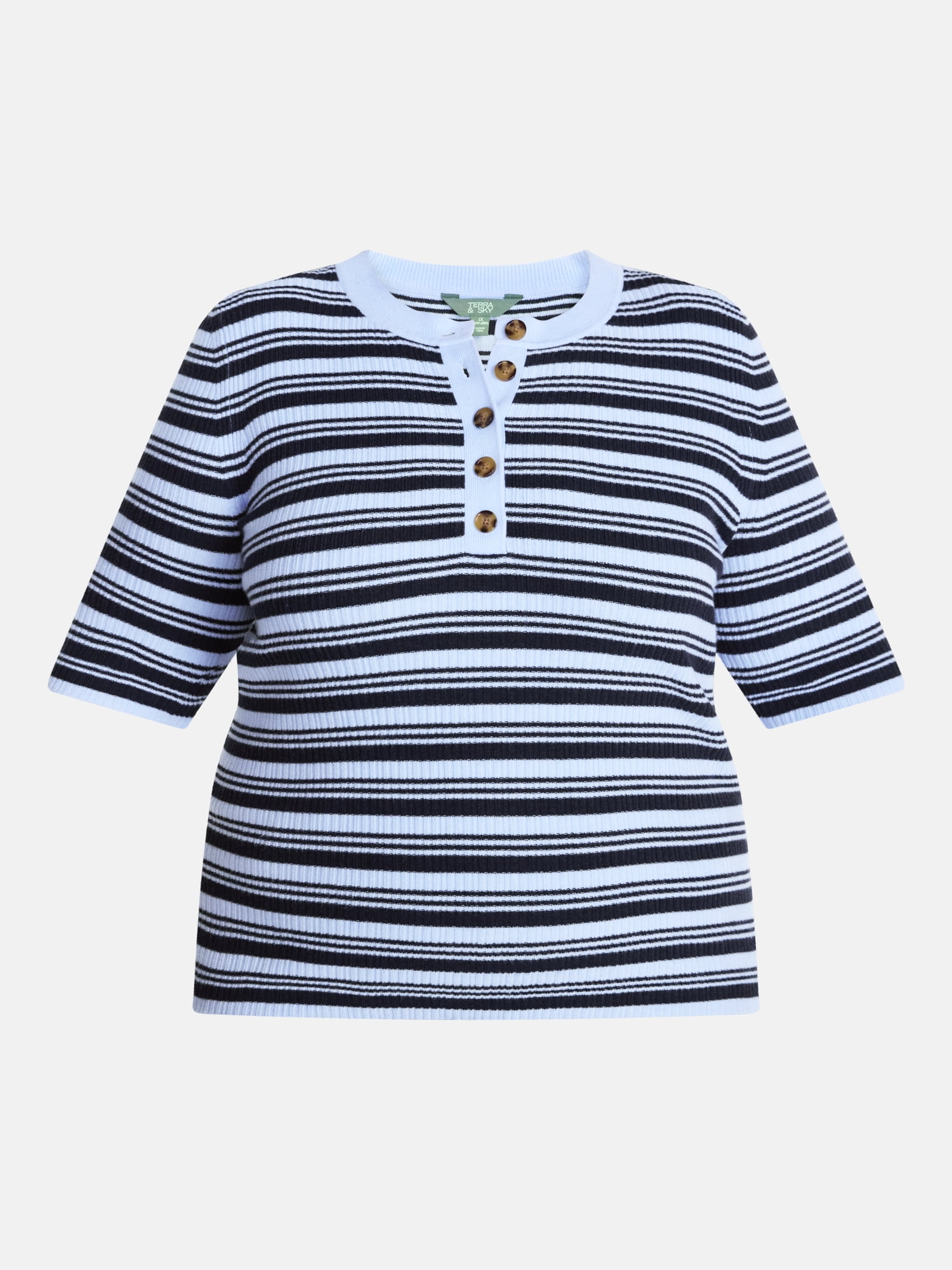 Terra & Sky Women's Plus Ribbed Henley Sweater Top with Elbow Length Sleeves, Sizes 0X-5X