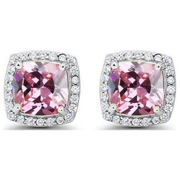Paris Jewelry 10k White Gold 1 Ct Created Halo Princess Cut Pink Sapphire Stud Earrings Plated