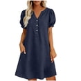 thumbnail image 2 of ClodeEU Women's Linen Blend V Neck Puff Sleeve Half Button Midi Dress with Pockets ,Solid Color Casual Summer Dress Navy,Women's Plus M, 2 of 5