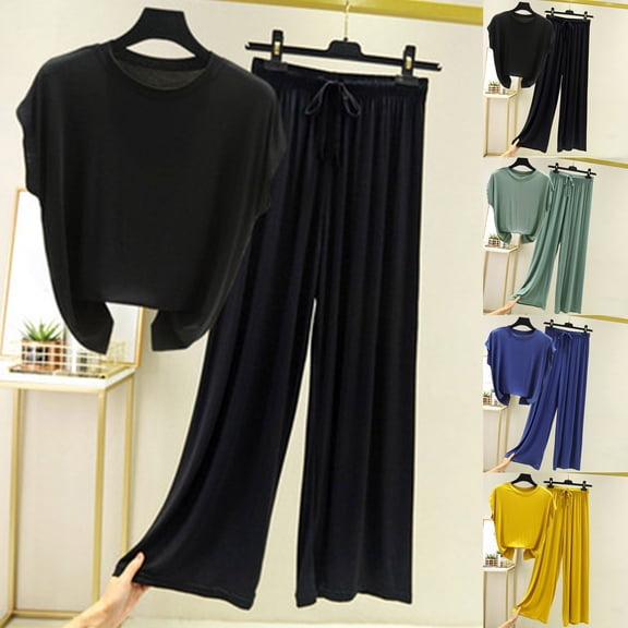 YHAJDS Women Plus Size Outfit Set 2 Piece Loose Sleeveless Solid Crewneck Top Elastic Waist Lounge Pants