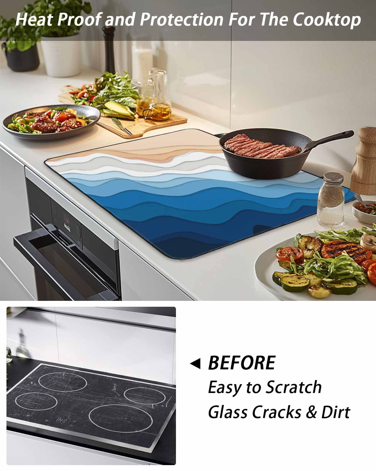 Stove Top Covers for Electric Stove, Blue Geometric Beach Glass Stovetop Cover Protector, Ombre Waves Moire Abstract Art Induction Cooktop Protector Oven Mat for Kitchen Countertop 36"x21"