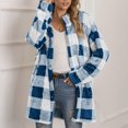 thumbnail image 5 of Virmaxy Women's Fuzzy Fleece Lapel Collar Open Front Mid-Length Cardigan Classic Plaid Long Sleeve Faux Shearling Button Shacket Trendy Faux Fur Fall Winter Plush Outwear Jacket Blue XS, 5 of 6