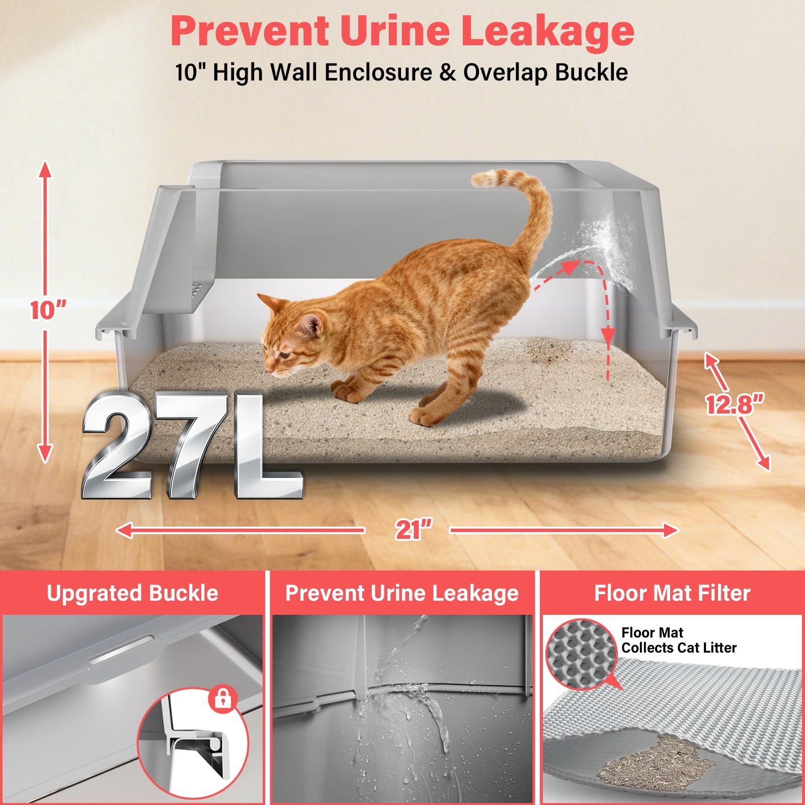 Stainless Steel Cat Litter Box With Lid  Xl Metal High Sided Odor-free/anti-urine Leakage & Non-stick Extra Large Mat Scoop For Multiple/big Cats Easy Cleaning (grey)