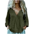 thumbnail image 2 of Endives Cotton Linen Shirts For Women V Neck Long Sleeve T Shirt Tee Casual Thin Breathable Blouses Summer Vacation Tops Green, 2 of 6